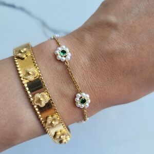 18K Gold Plated Daint Flower Pearl Bead Chain Bracelet Hypoallergenic Jewellery